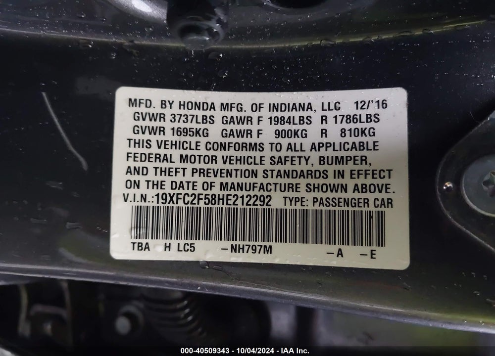 2017 HONDA CIVIC LX VIN: 19XFC2F58HE212292