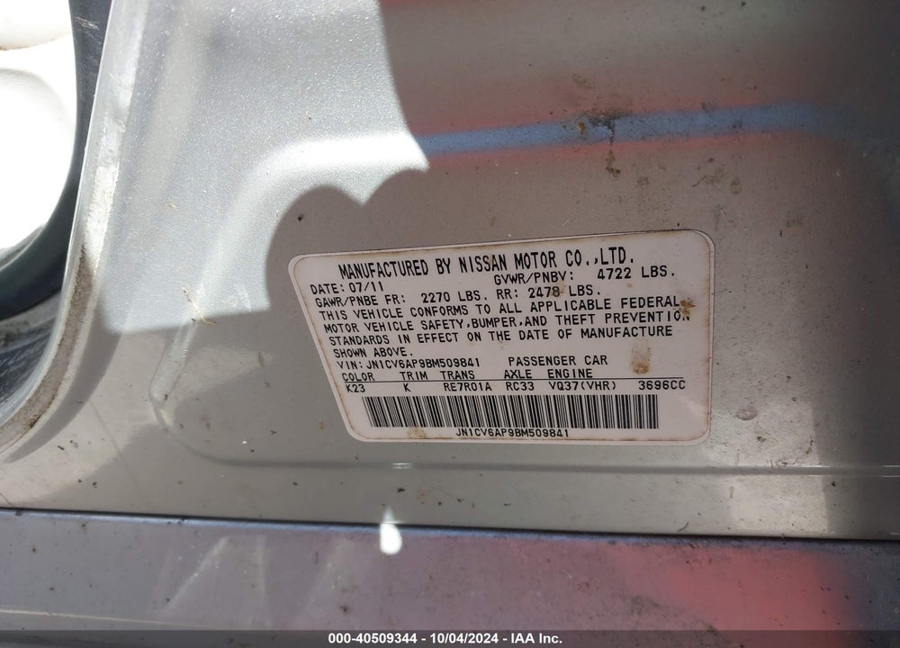 2011 INFINITI G37 JOURNEY VIN: JN1CV6AP9BM509841