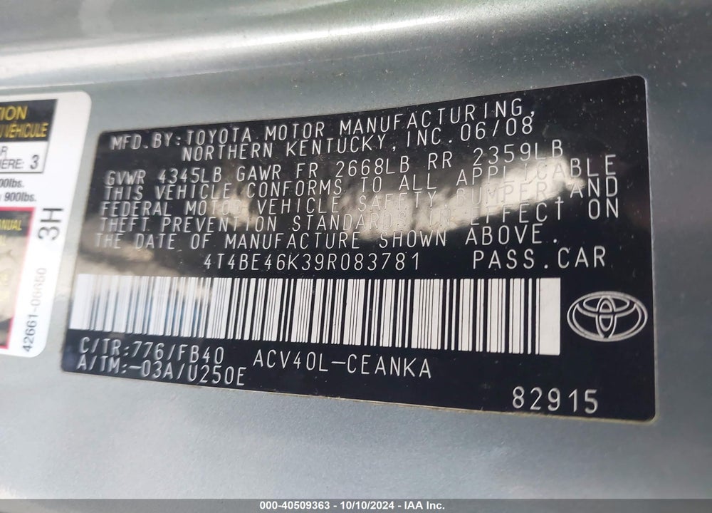 2009 TOYOTA CAMRY LE VIN: 4T4BE46K39R083781