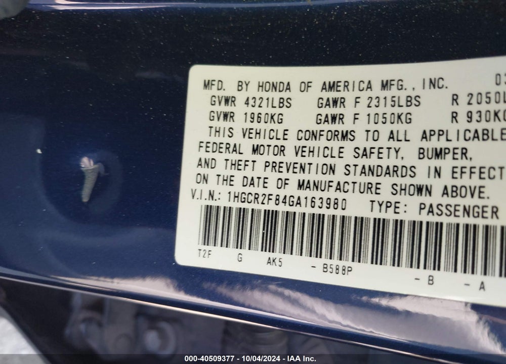 2016 HONDA ACCORD VIN: 1HGCR2F84GA163980