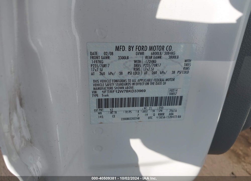 2008 FORD F-150 XL VIN: 1FTRF12W78KD33969