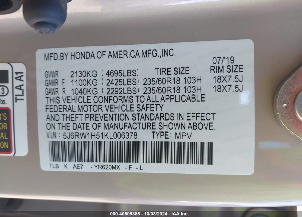 2019 HONDA CR-V EX VIN: 5J6RW1H51KL006378