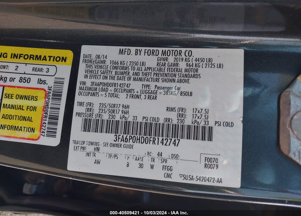 2015 FORD FUSION SE VIN: 3FA6P0HD0FR142747