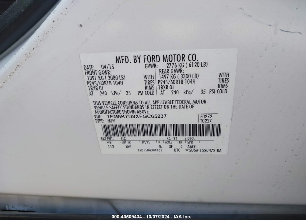 2015 FORD EXPLORER VIN: 1FM5K7D8XFGC65237