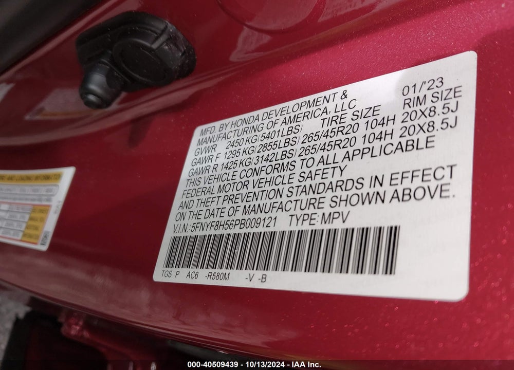 2023 HONDA PASSPORT AWD EX-L VIN: 5FNYF8H56PB009121