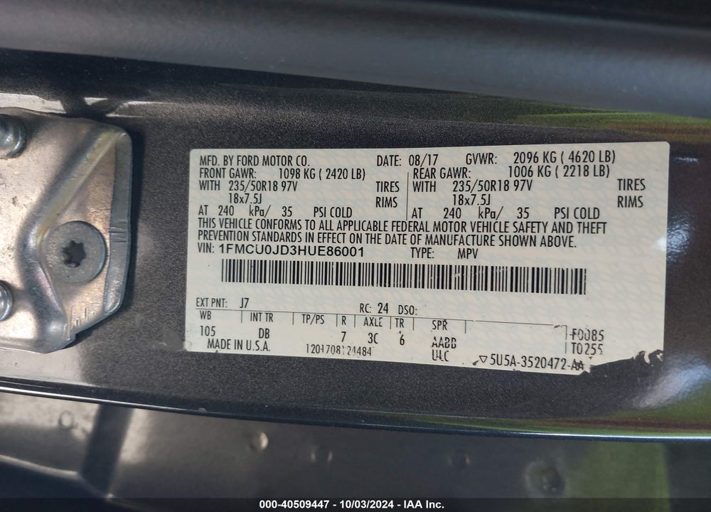 2017 FORD ESCAPE TITANIUM VIN: 1FMCU0JD3HUE86001