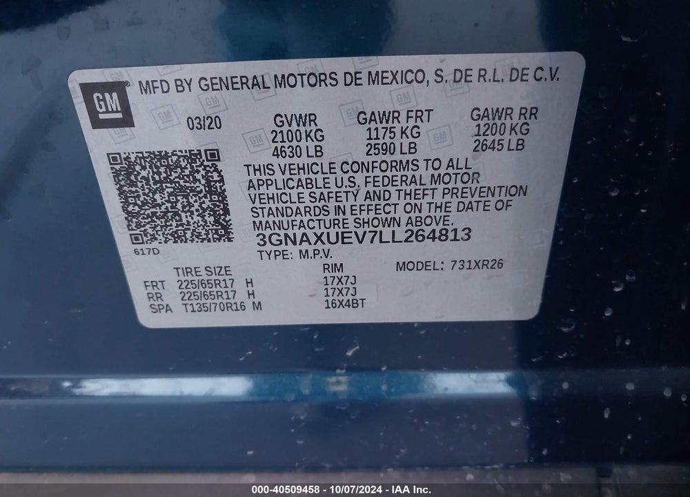 2020 CHEVROLET EQUINOX AWD LT 1.5L TURBO VIN: 3GNAXUEV7LL264813