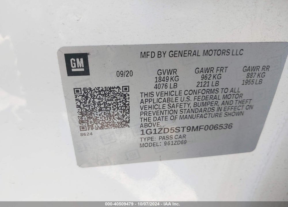 2021 CHEVROLET MALIBU FWD LT VIN: 1G1ZD5ST9MF006536