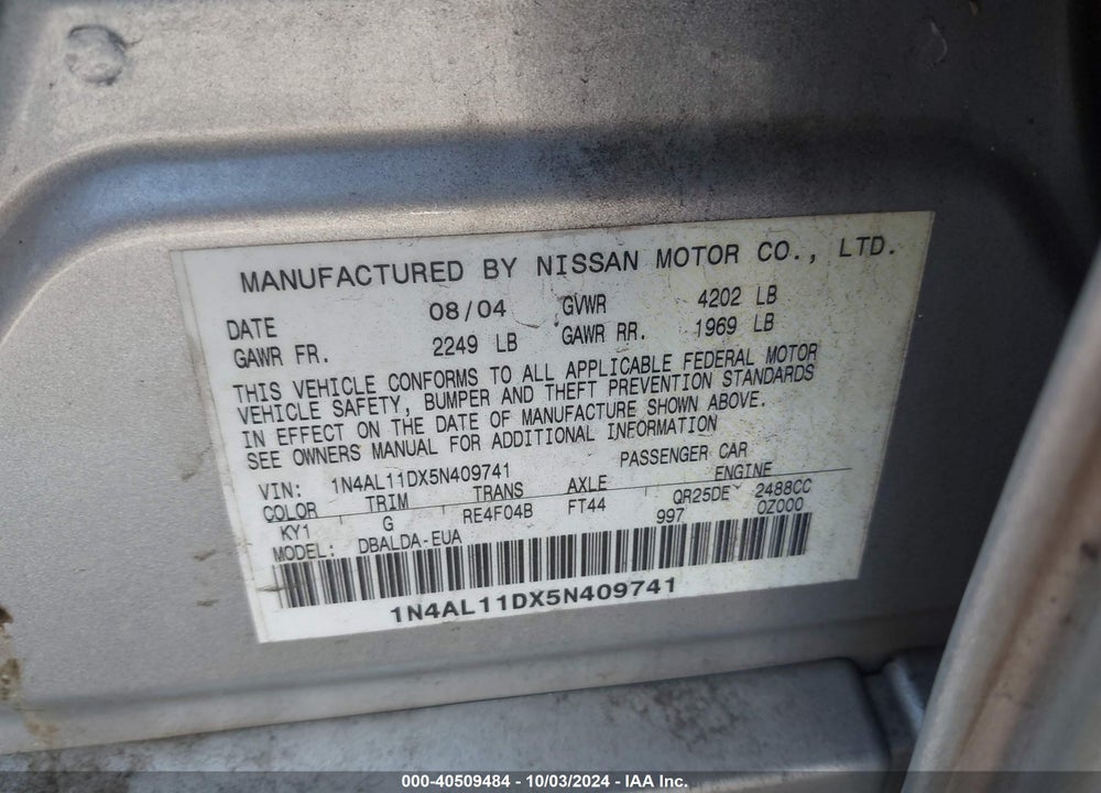 2005 NISSAN ALTIMA 2.5 S VIN: 1N4AL11DX5N409741