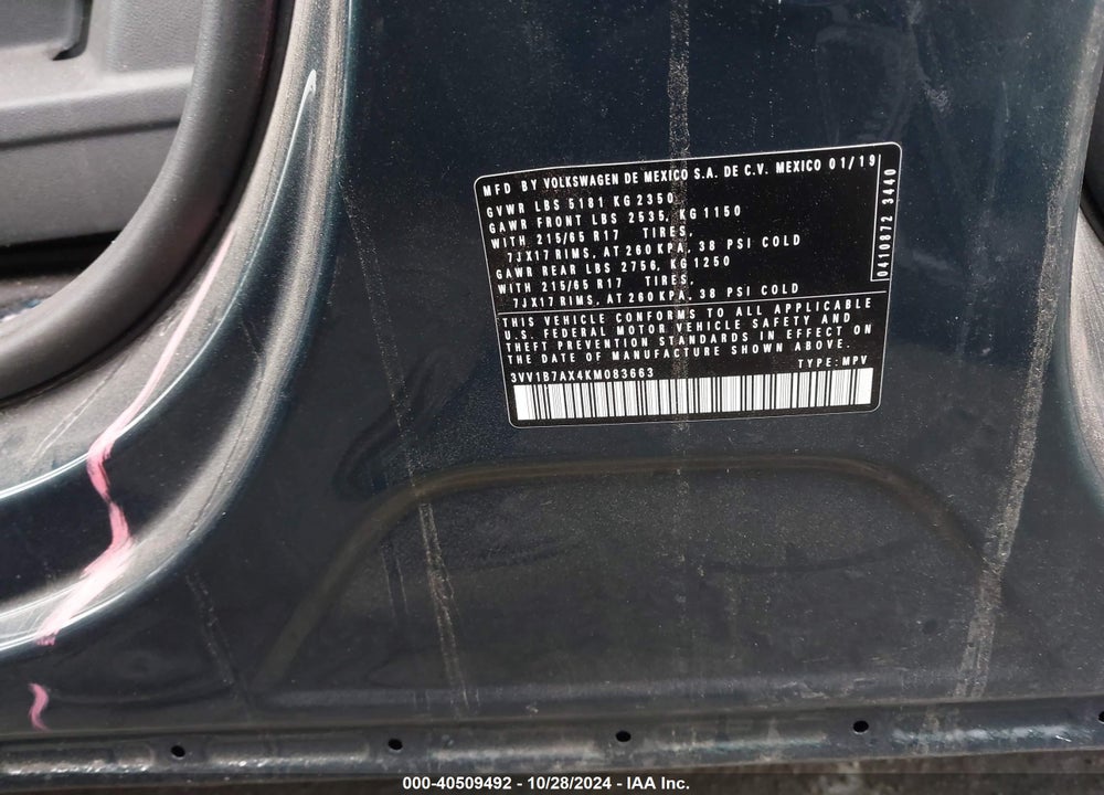 2019 VOLKSWAGEN TIGUAN 2.0T S VIN: 3VV1B7AX4KM083663