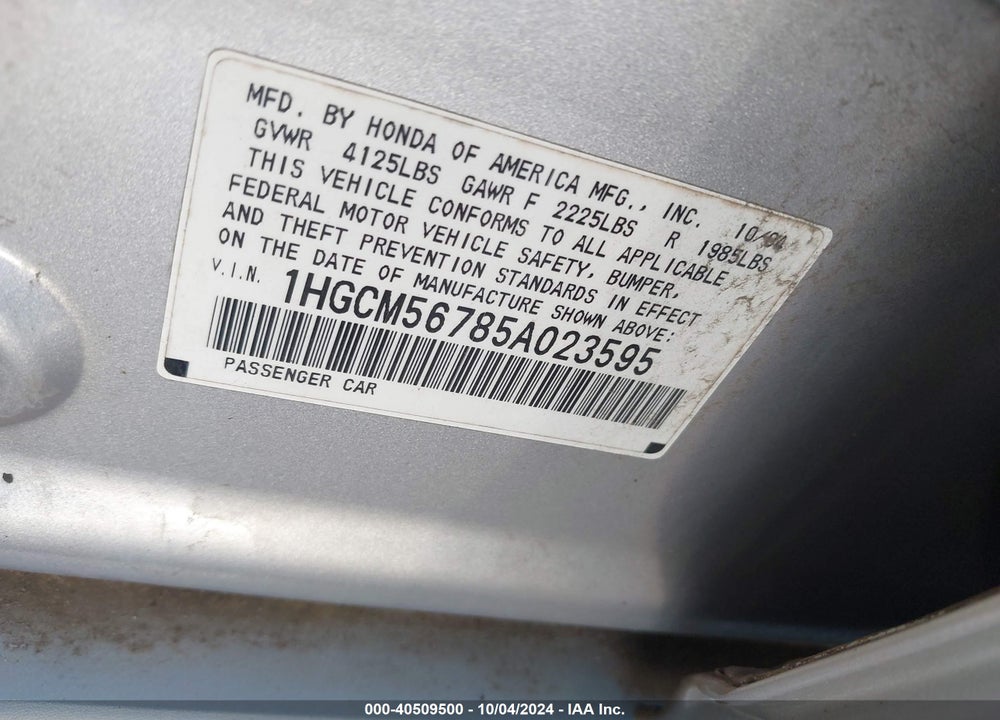 2005 HONDA ACCORD 2.4 EX VIN: 1HGCM56785A023595
