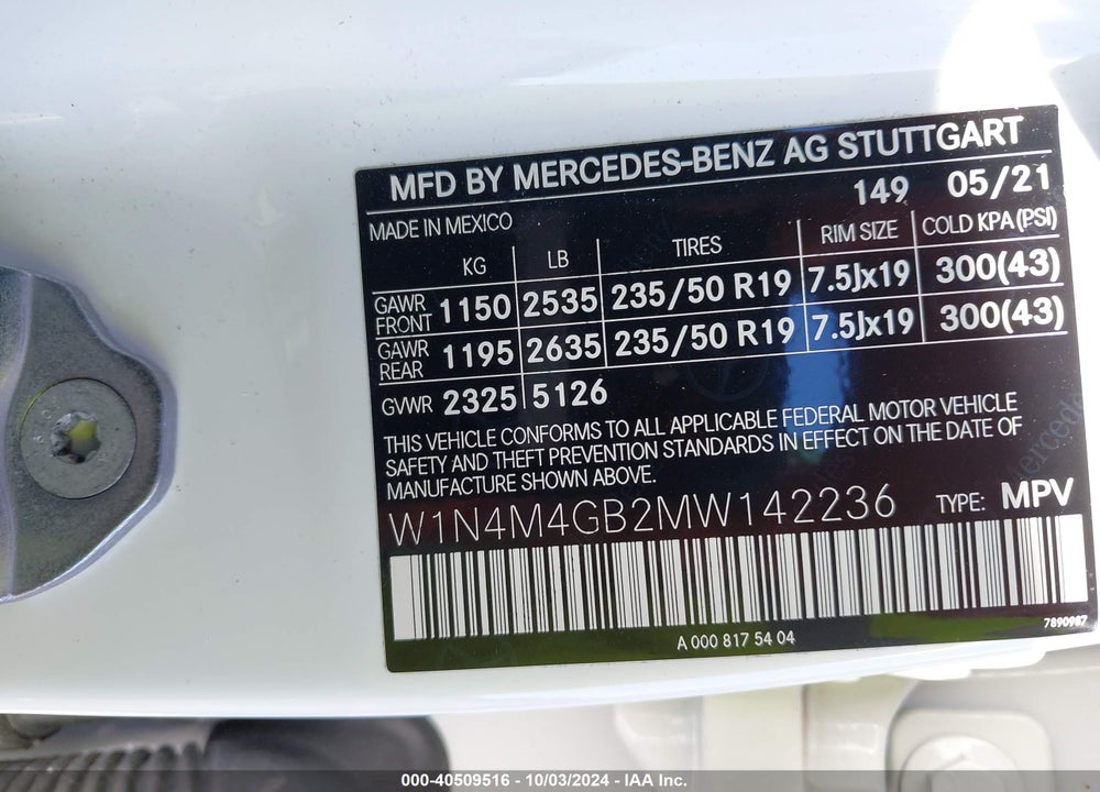 2021 MERCEDES-BENZ GLB 250 VIN: W1N4M4GB2MW142236