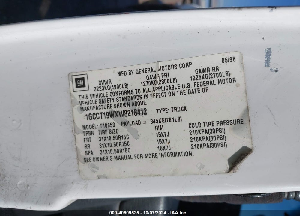 1998 CHEVROLET S-10 LS VIN: 1GCCT19WXW8218412