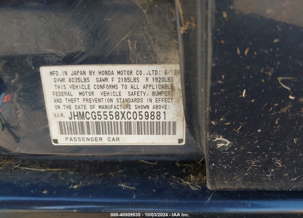 1999 HONDA ACCORD EX VIN: JHMCG5558XC059881