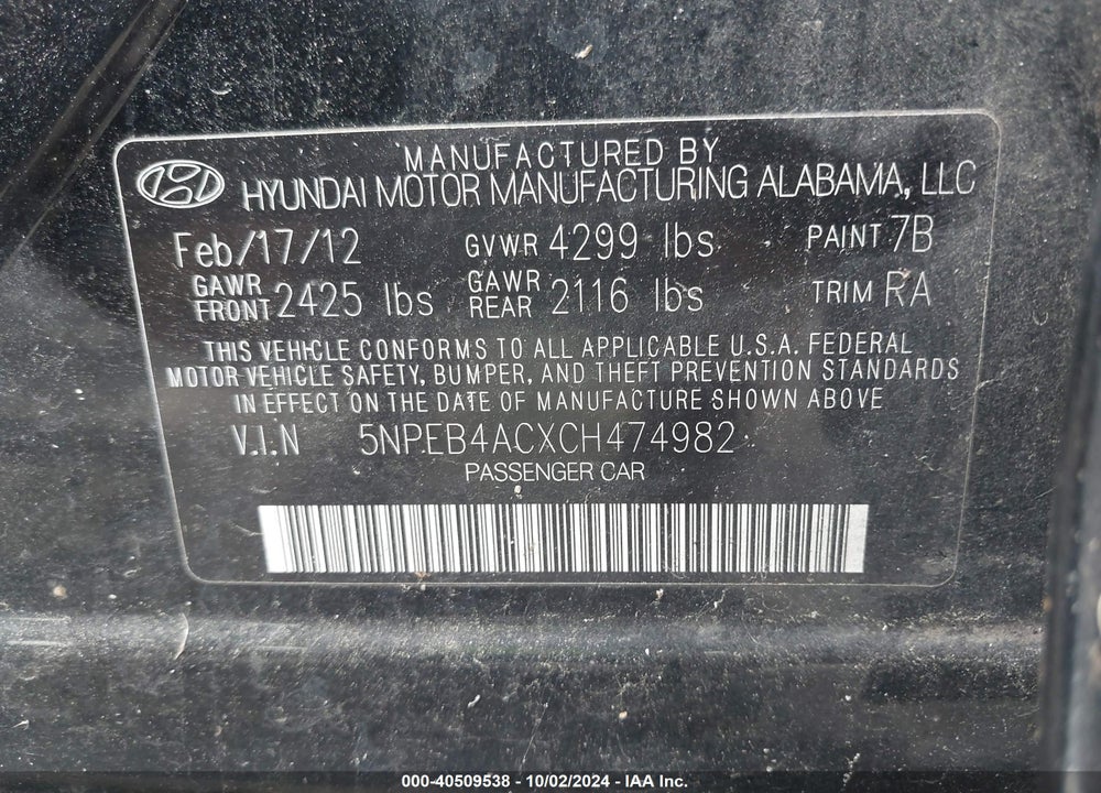 2012 HYUNDAI SONATA GLS VIN: 5NPEB4ACXCH474982