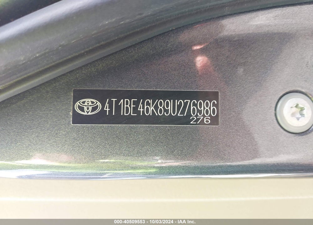 2009 TOYOTA CAMRY XLE VIN: 4T1BE46K89U276986