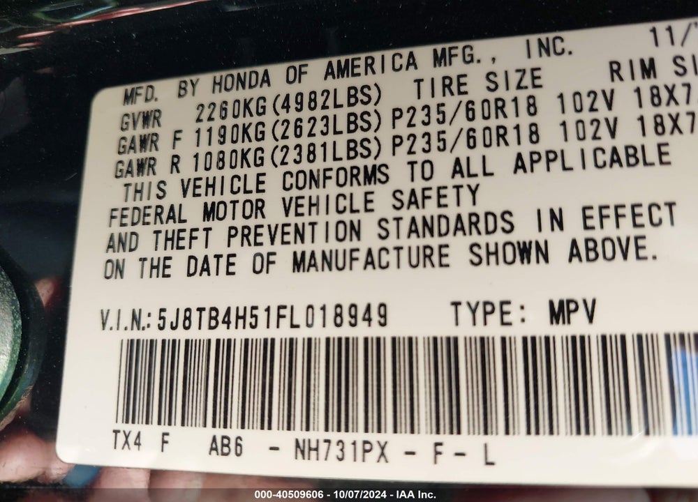 2015 ACURA RDX VIN: 5J8TB4H51FL018949
