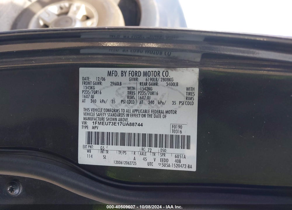 2007 FORD EXPLORER XLT VIN: 1FMEU73E17UA88744