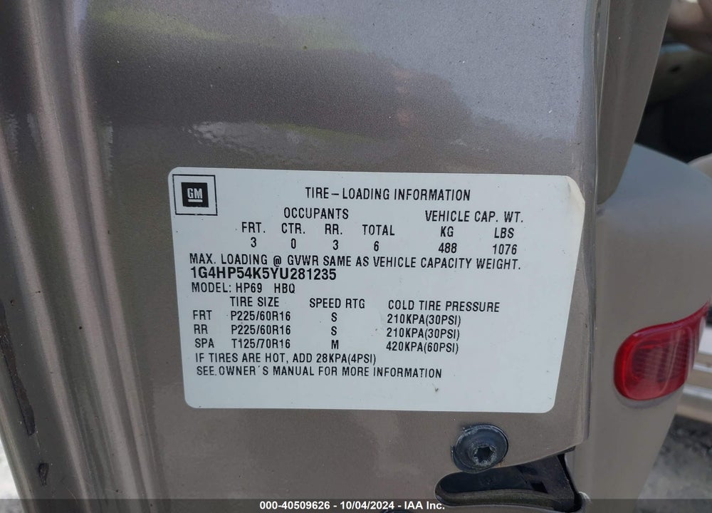 2000 BUICK LESABRE CUSTOM VIN: 1G4HP54K5YU281235
