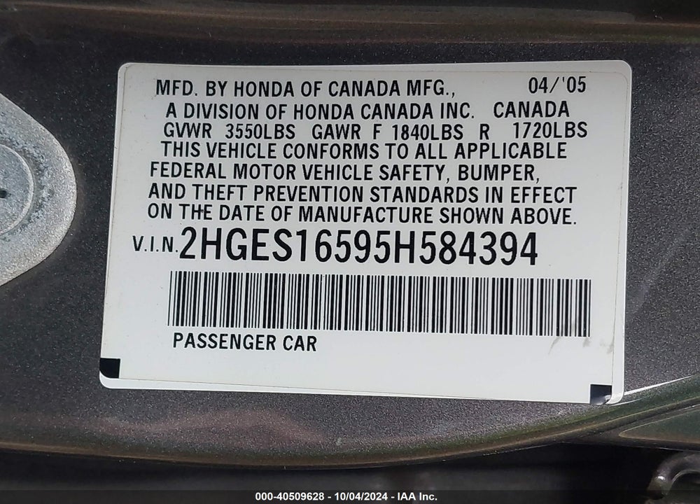 2005 HONDA CIVIC LX VIN: 2HGES16595H584394