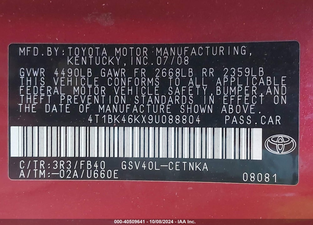 2009 TOYOTA CAMRY LE V6 VIN: 4T1BK46KX9U088804
