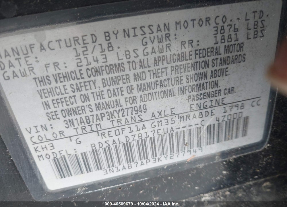 2019 NISSAN SENTRA SV VIN: 3N1AB7AP3KY277949