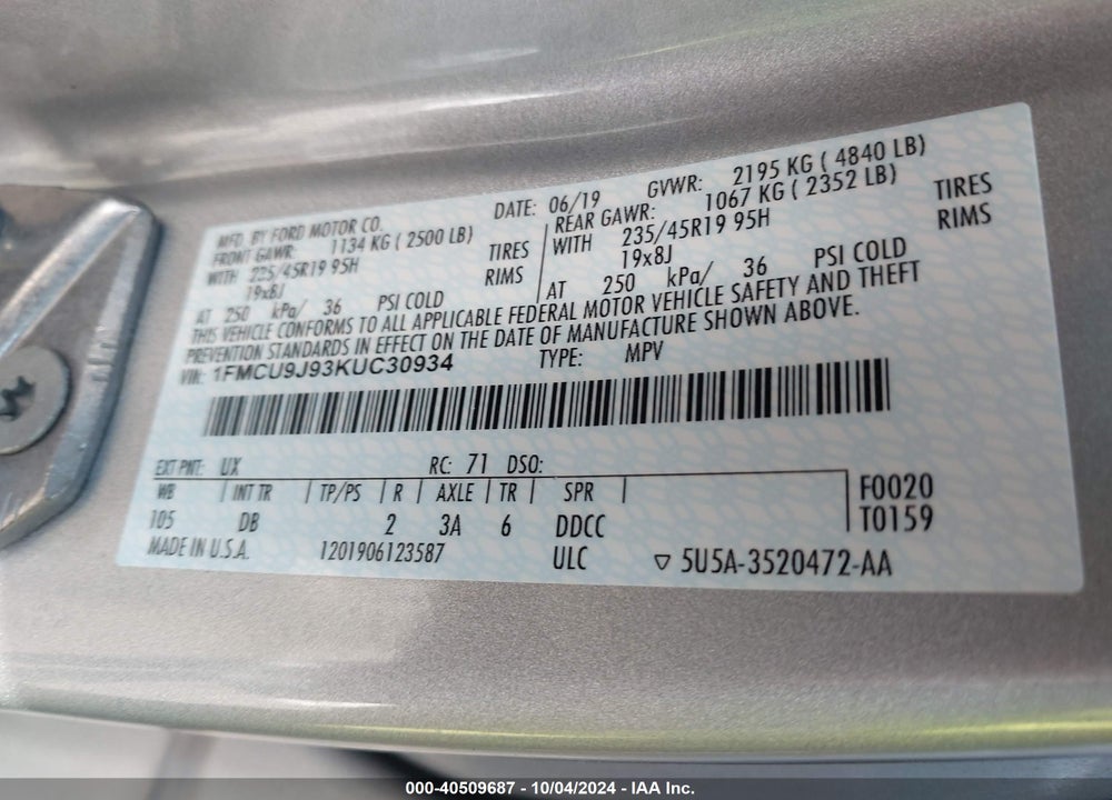 2019 FORD ESCAPE TITANIUM VIN: 1FMCU9J93KUC30934