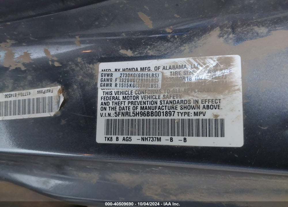2011 HONDA ODYSSEY TOURING/TOURING ELITE VIN: 5FNRL5H96BB001897
