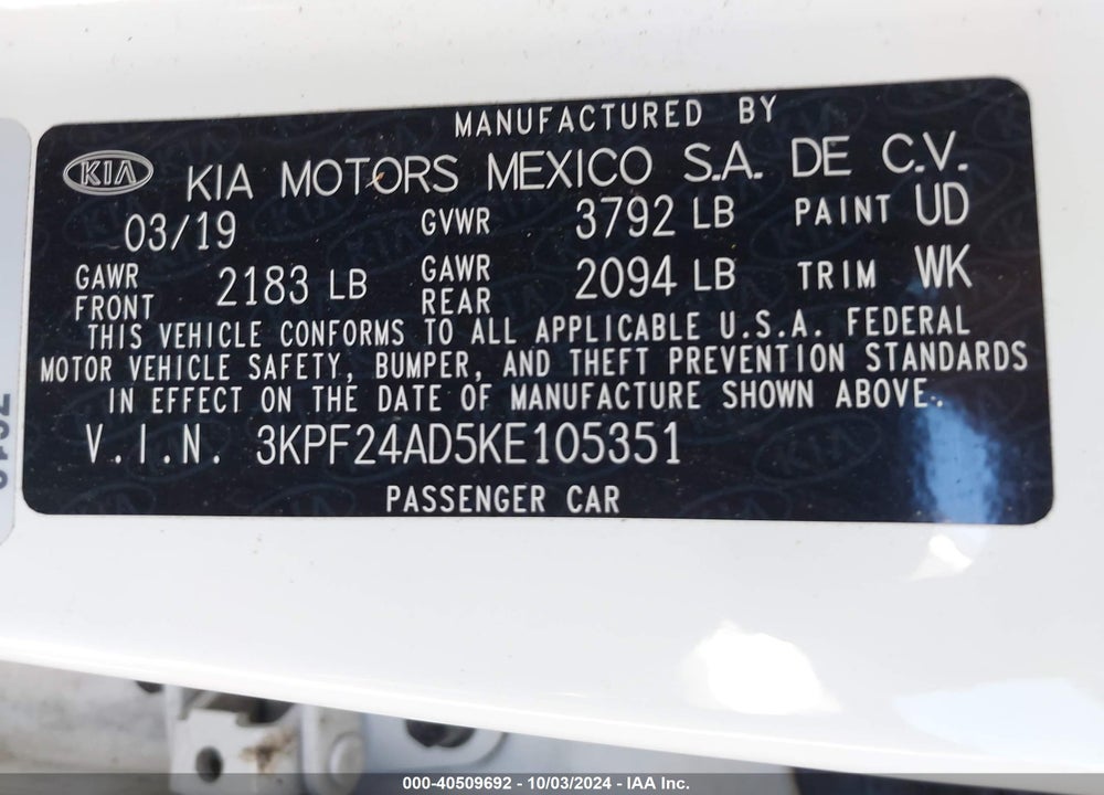 2019 KIA FORTE LXS VIN: 3KPF24AD5KE105351
