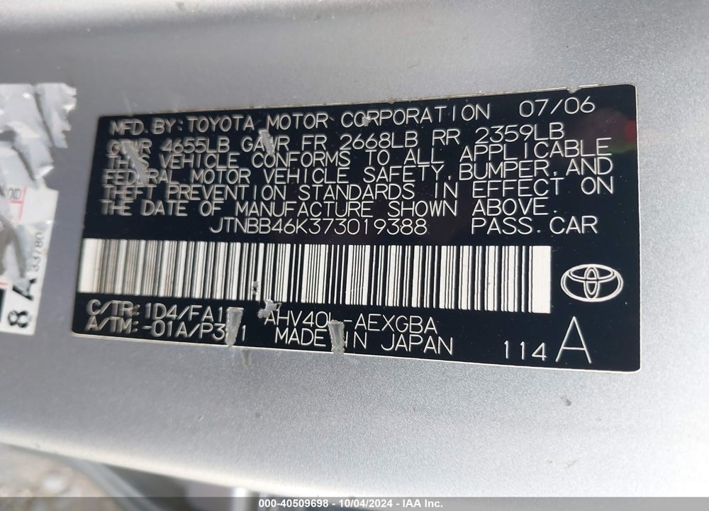 2007 TOYOTA CAMRY HYBRID VIN: JTNBB46K373019388