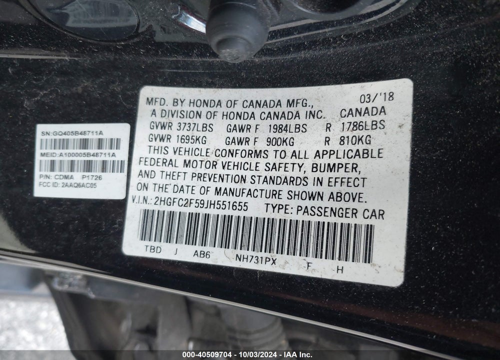 2018 HONDA CIVIC LX VIN: 2HGFC2F59JH551655