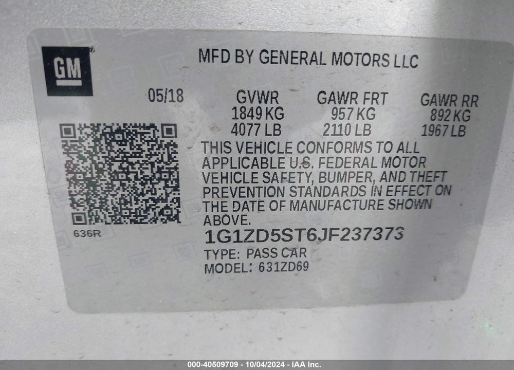 2018 CHEVROLET MALIBU LT VIN: 1G1ZD5ST6JF237373