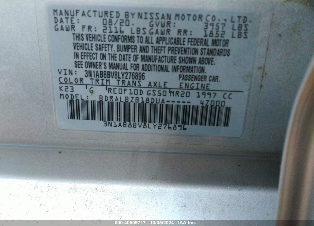 2020 NISSAN SENTRA S XTRONIC CVT VIN: 3N1AB8BV8LY276896