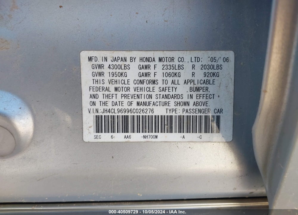 2006 ACURA TSX VIN: JH4CL96996C026276