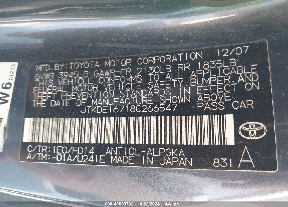 2008 SCION TC VIN: JTKDE167180266547