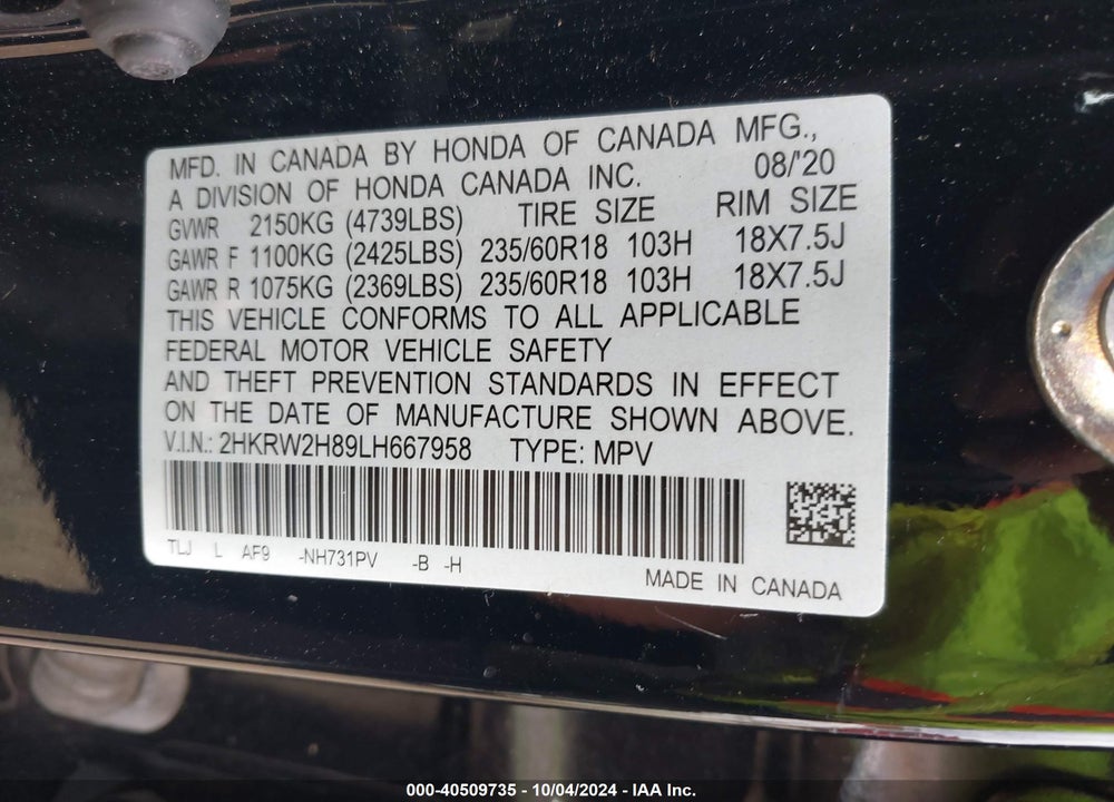 2020 HONDA CR-V AWD EX-L VIN: 2HKRW2H89LH667958