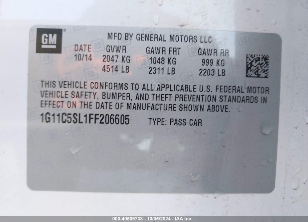 2015 CHEVROLET MALIBU 1LT VIN: 1G11C5SL1FF206605