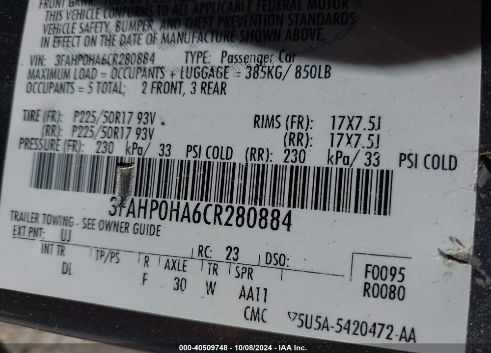 2012 FORD FUSION SE VIN: 3FAHP0HA6CR280884