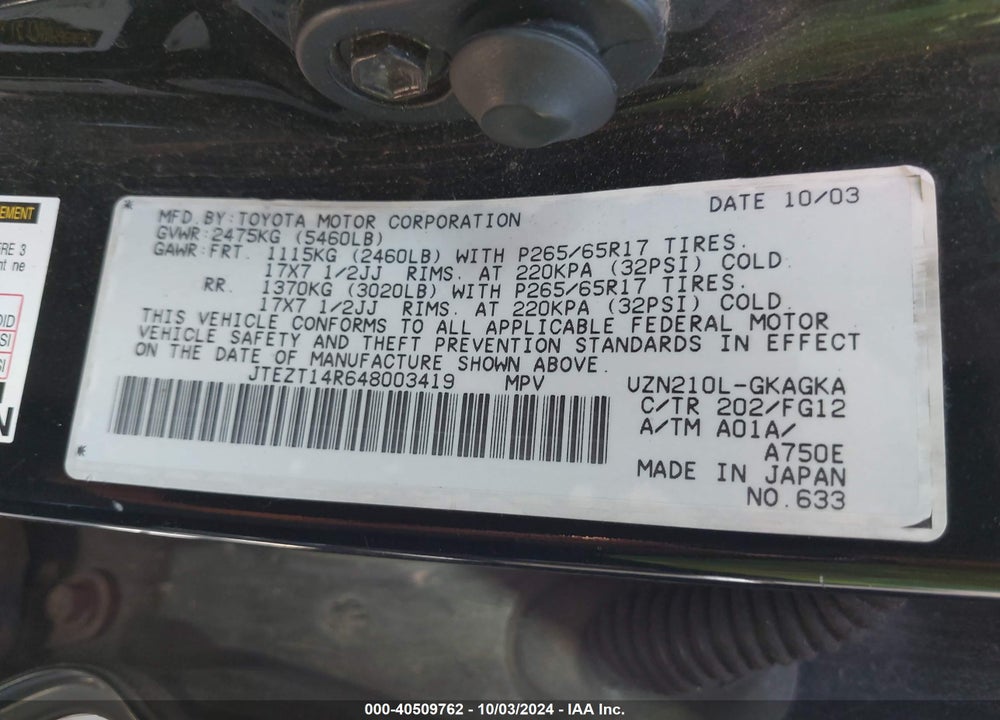 2004 TOYOTA 4RUNNER SR5 V8 VIN: JTEZT14R648003419