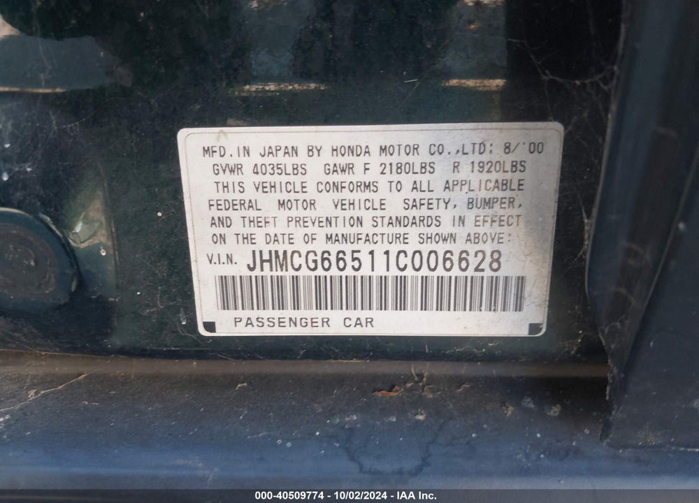 2001 HONDA ACCORD 2.3 LX VIN: JHMCG66511C006628
