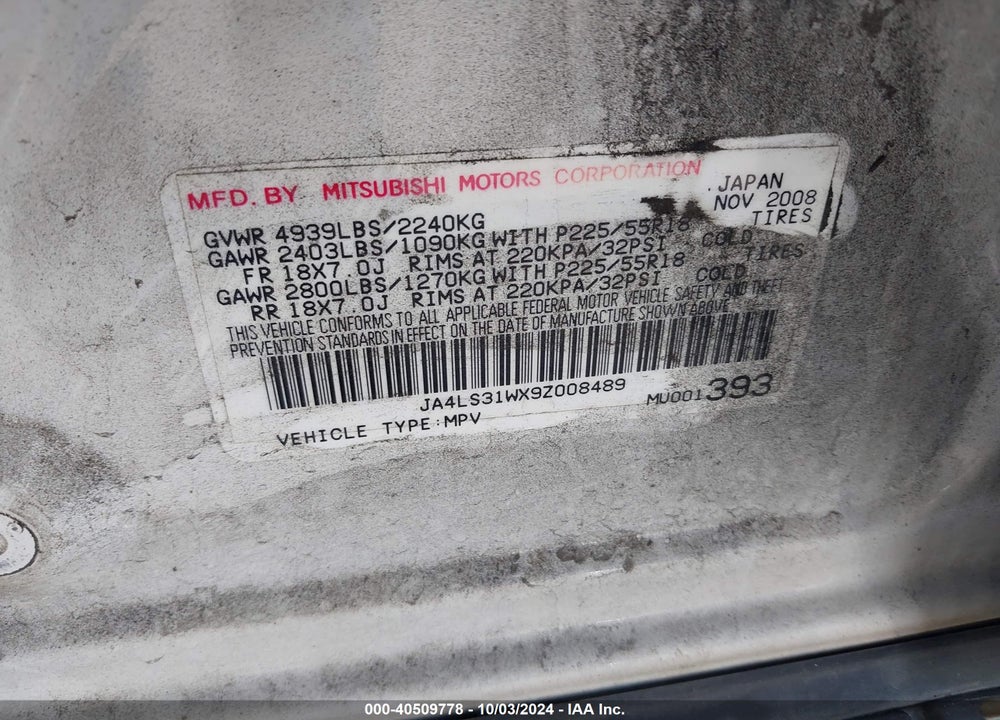 2009 MITSUBISHI OUTLANDER SE VIN: JA4LS31WX9Z008489
