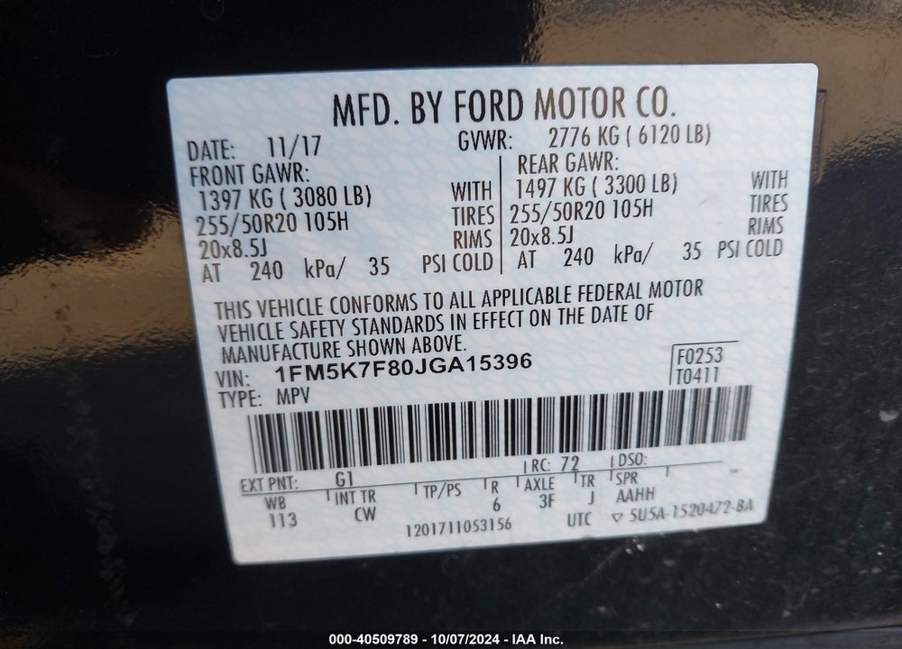 2018 FORD EXPLORER VIN: 1FM5K7F80JGA15396