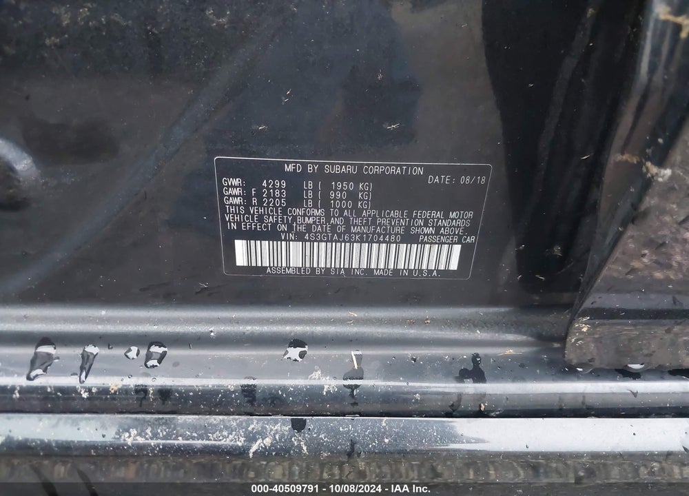 2019 SUBARU IMPREZA 2.0I SPORT VIN: 4S3GTAJ63K1704480