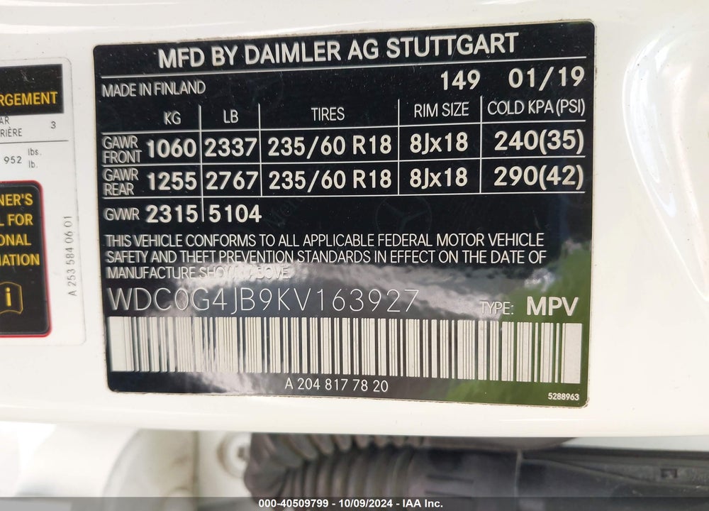 2019 MERCEDES-BENZ GLC 300 VIN: WDC0G4JB9KV163927