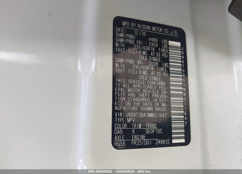 2021 NISSAN ROGUE SV FWD VIN: JN8AT3BA1MW011647