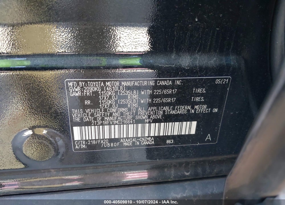 2021 TOYOTA RAV4 XLE VIN: 2T3P1RFV1MC216641