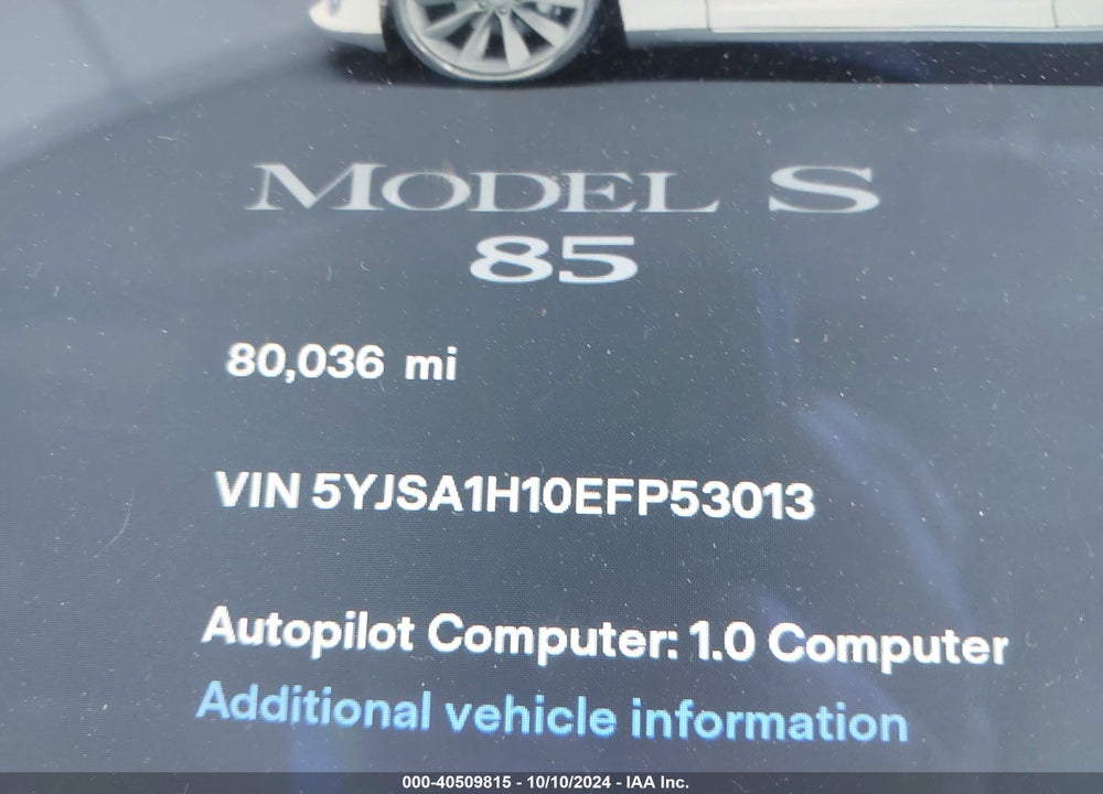 2014 TESLA MODEL S P85 VIN: 5YJSA1H10EFP53013