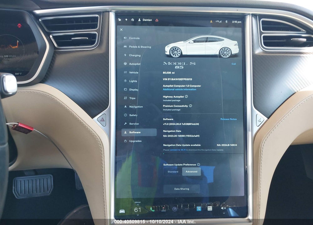 2014 TESLA MODEL S P85 VIN: 5YJSA1H10EFP53013