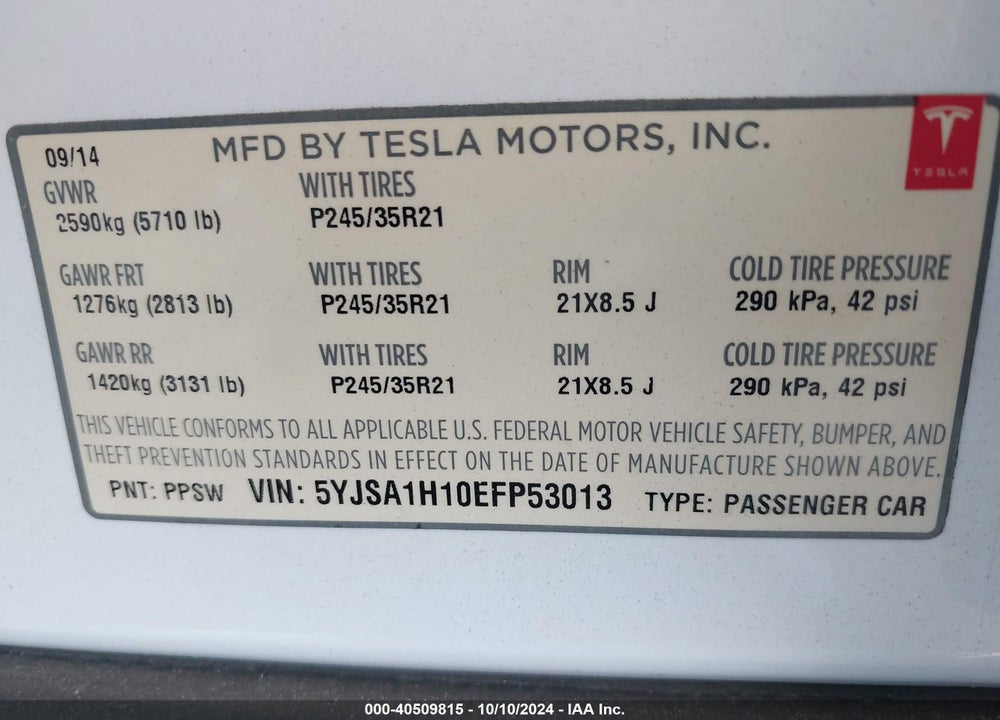 2014 TESLA MODEL S P85 VIN: 5YJSA1H10EFP53013