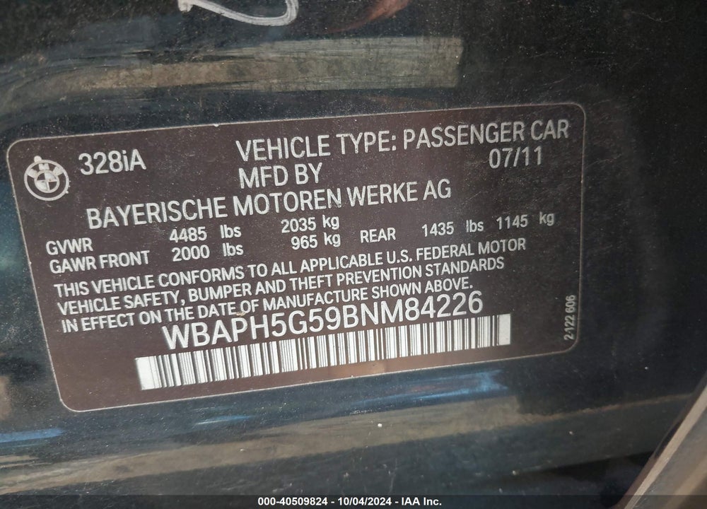2011 BMW 328I VIN: WBAPH5G59BNM84226